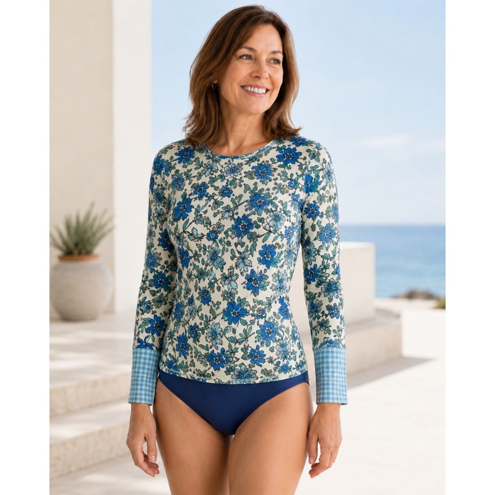 Lands' End Rash Guard Top Womens M 10-12 Floral Gingham Cuff Blue Yellow
